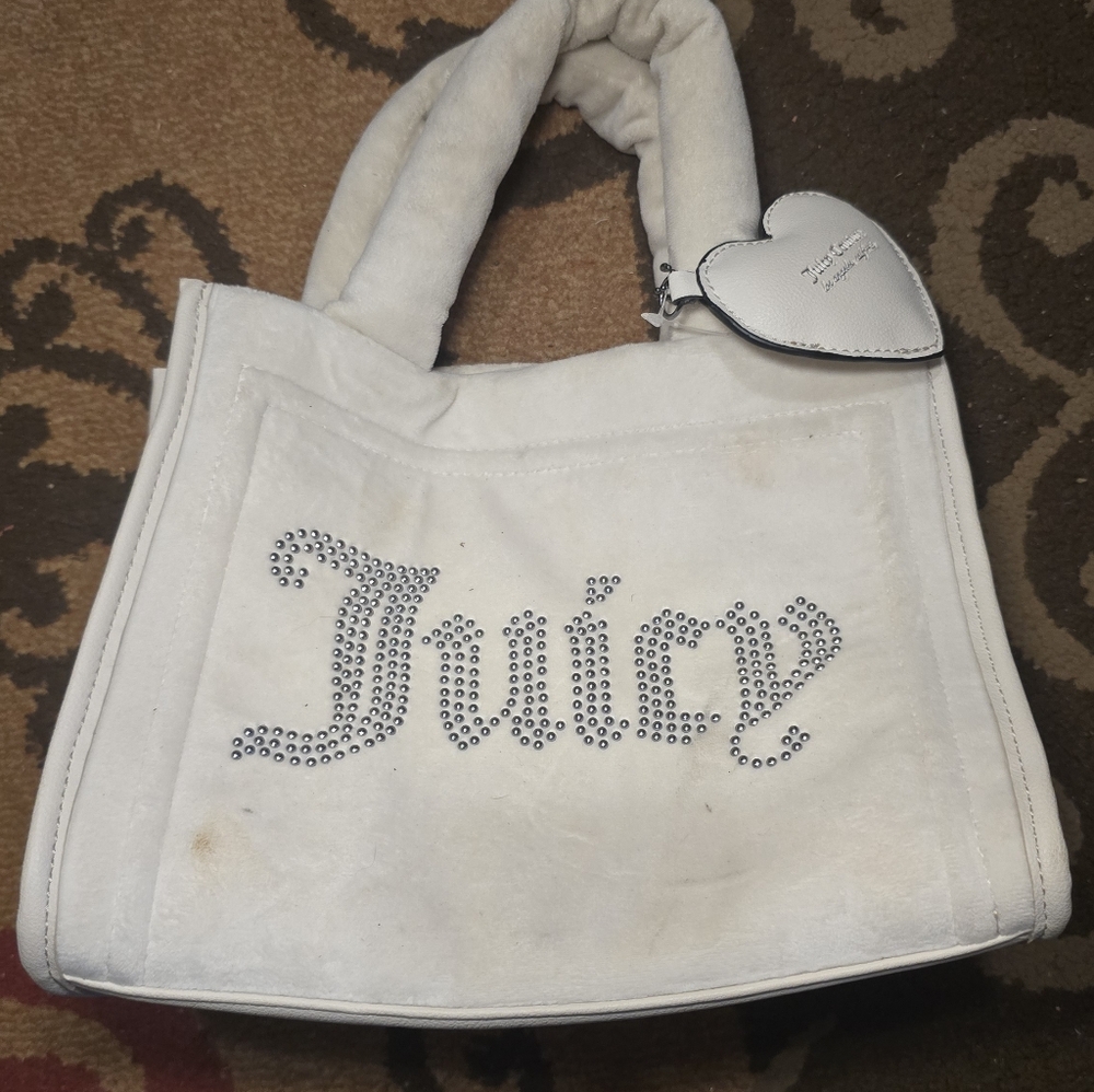 JUICY COUTURE Vintage Y2K White Velour Rhinestone Studded Tote Bag Purse Charm